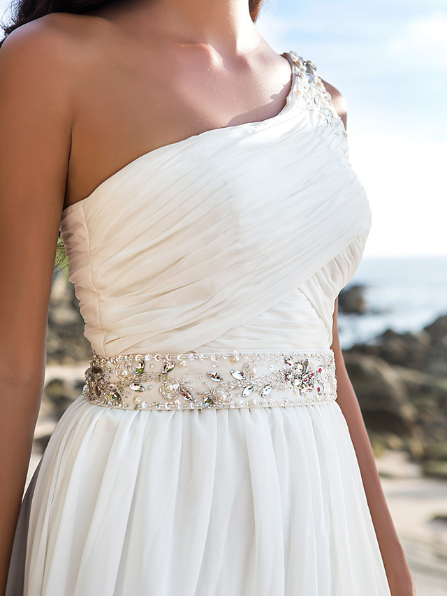 A-line Straps One Shoulder Court Train 100D Chiffon Bridal Gown With Buttons 5