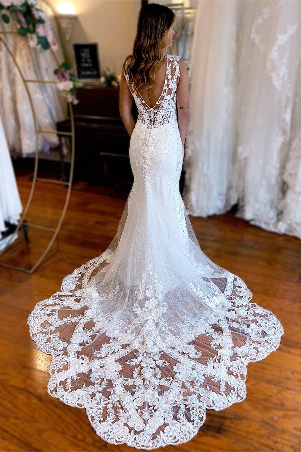 Valeria Plunging V-Neck Mermaid Lace Wedding Dress with Scalloped Train 2