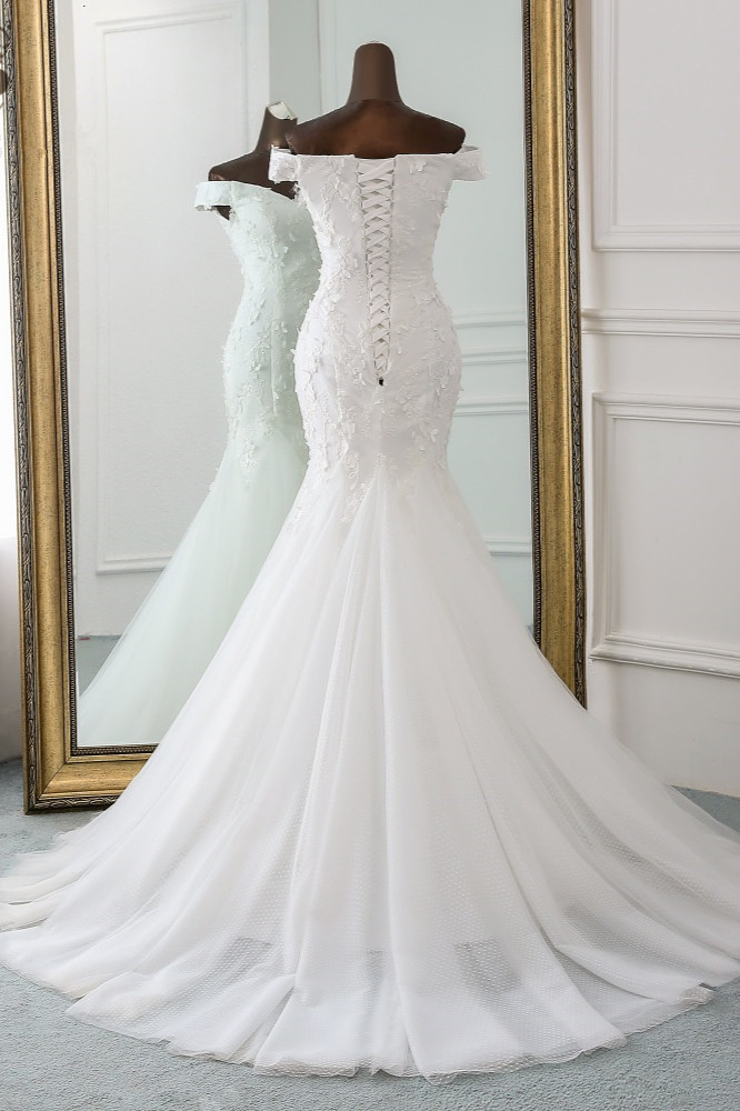 Mermaid Off-the-shoulder Sweetheart Neck Sleeveless Floor-length Tulle Bridal Dress With Lace 2