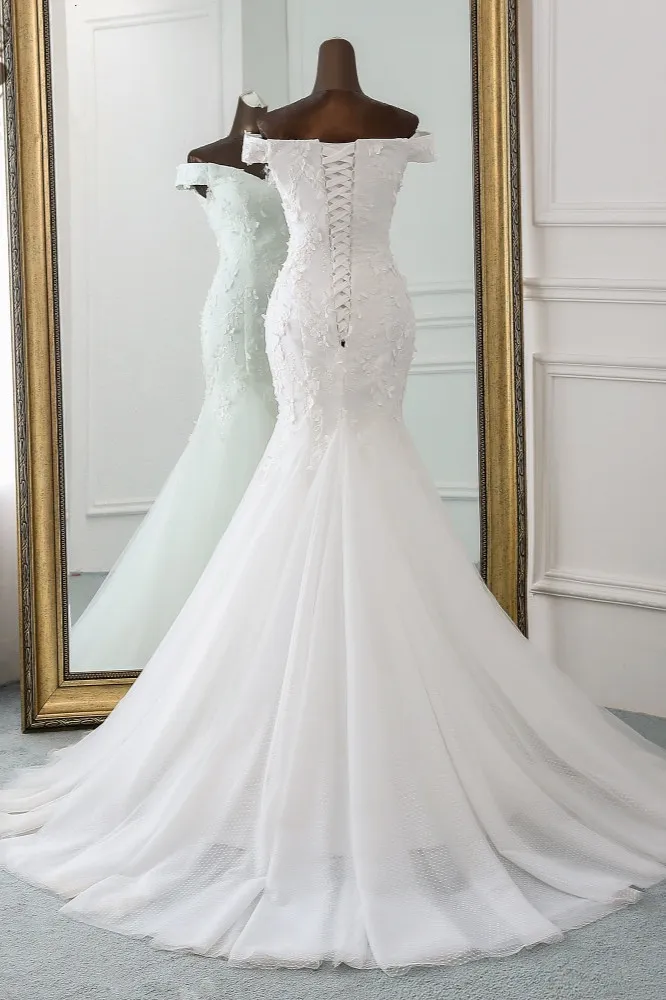 Mermaid Off-the-shoulder Sweetheart Neck Sleeveless Floor-length Tulle Bridal Dress With Lace 2