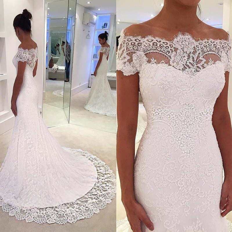Column Off-the-shoulder Court Train Bridal Gown With Lace 2