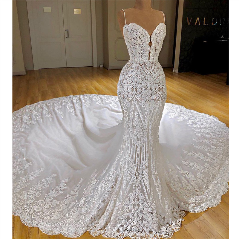 Mermaid Spaghetti Straps Sleeveless Cathedral Train Wedding Gown With Lace 2