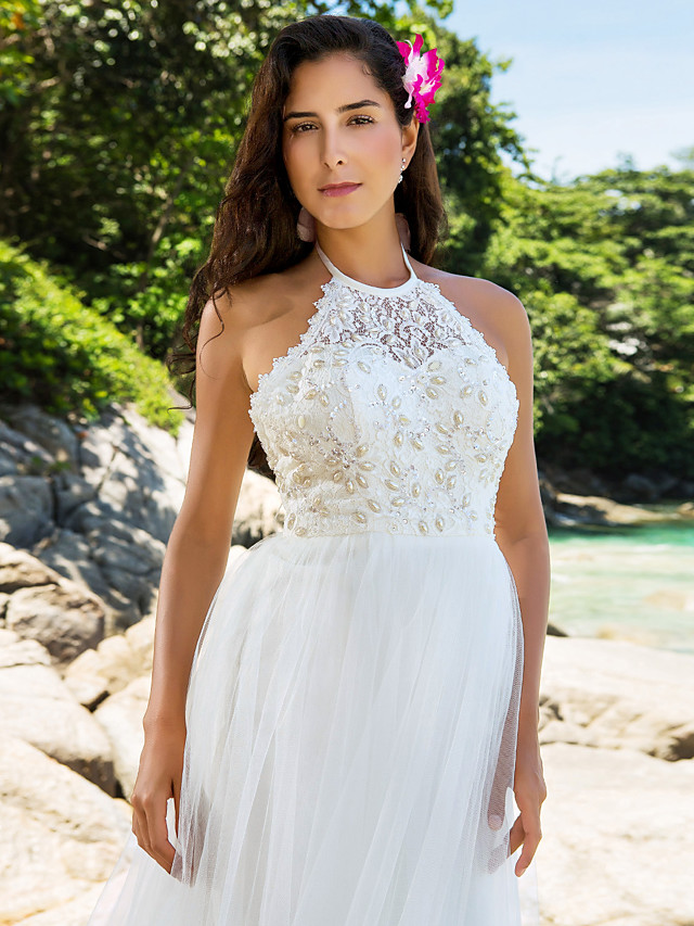 A-line Halter-neck Sleeveless Chapel Train Lace Bridal Gown With Lace 5