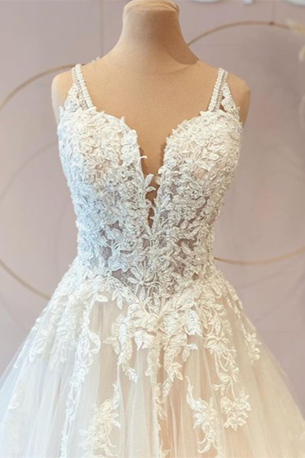 A-line V-neck Sleeveless Court Train Tulle Bridal Gown With Lace 3