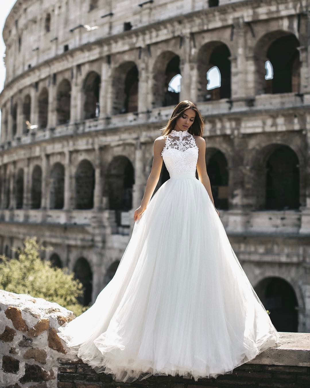 A-line High Neck Sleeveless Sweep / Brush Train Tulle Bridal Gown With Lace 2