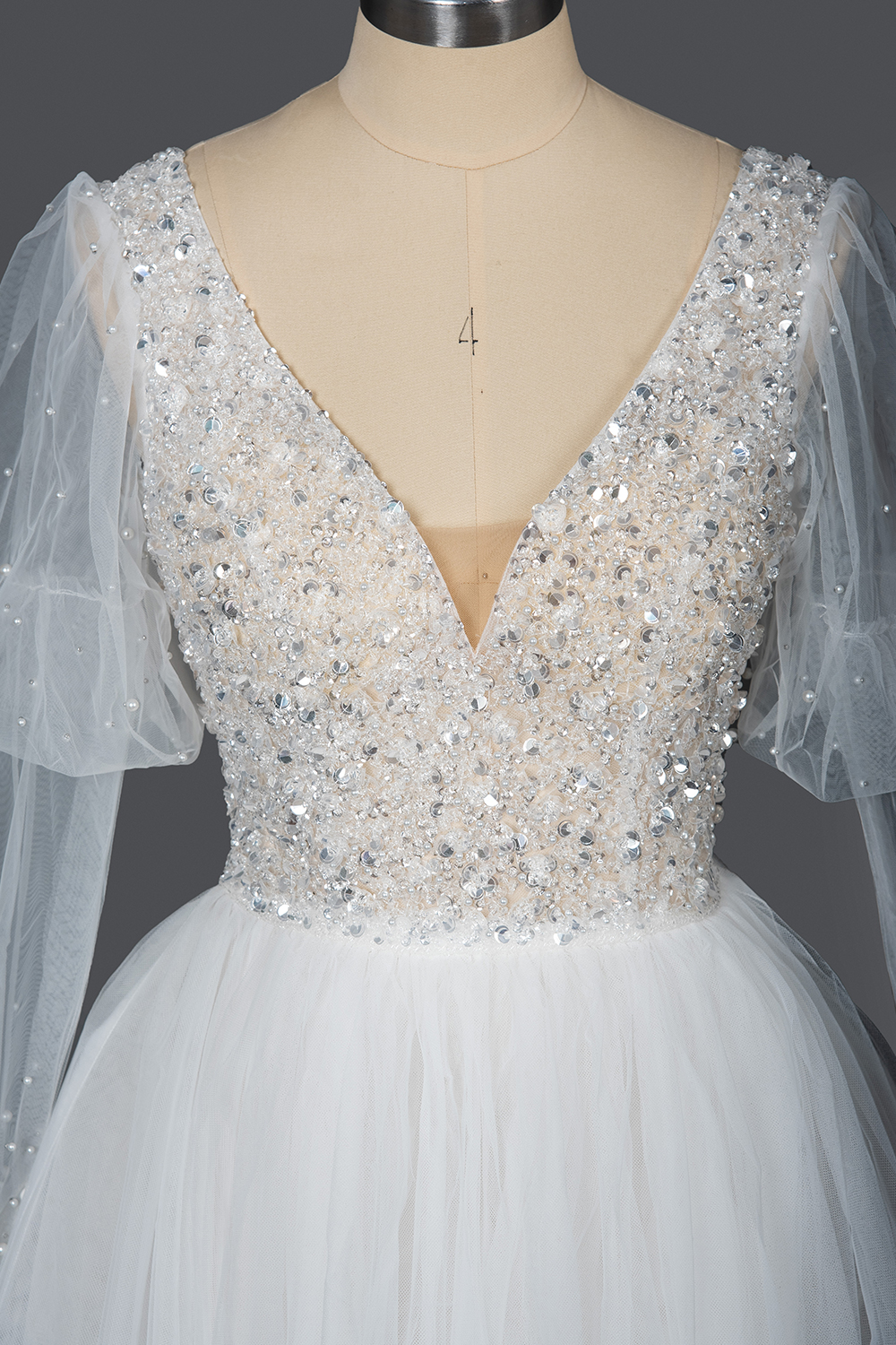 A-line V-neck Long Sleeves Cathedral Train Tulle Wedding Gown With Lace 7