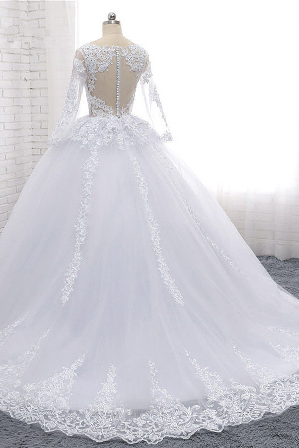 A-line V-neck Long Sleeves Floor-length Tulle Bridal Attire With Appliques 4