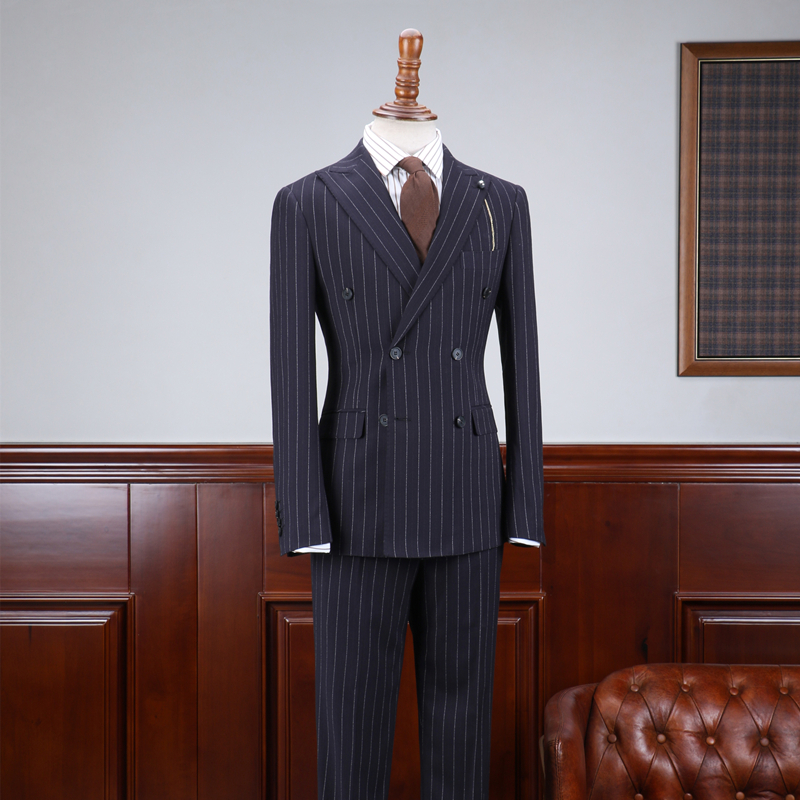 Navy Blue Striped Slim Fit Business Suit 2