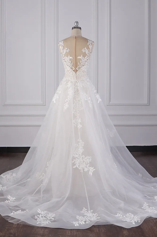 Mermaid Jewel Neck Sleeveless Floor-length Tulle Wedding Dress With Appliques 3