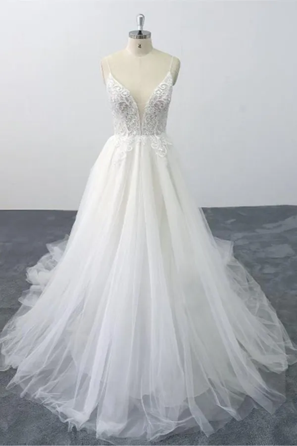 A-line Spaghetti Straps V-neck Sleeveless Floor-length Tulle Wedding Dress With Appliques 1