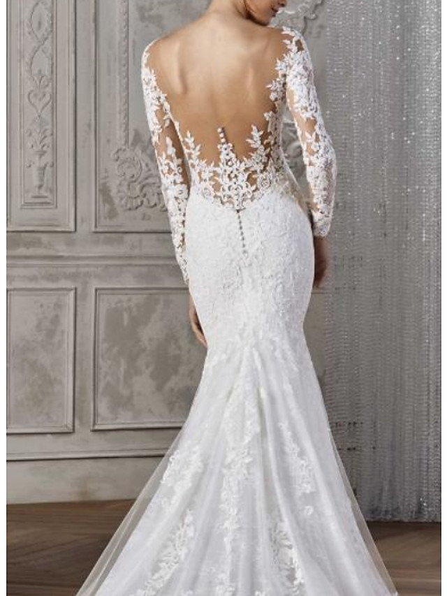 Mermaid V-neck Long Sleeves Court Train Tulle Wedding Gown With Buttons 2