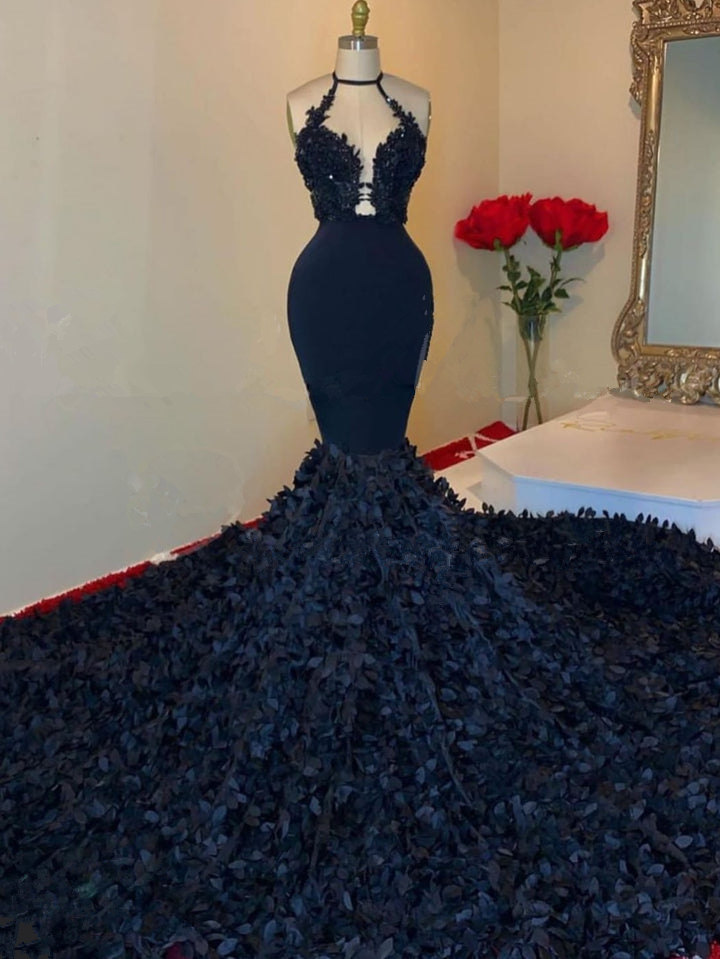 Mermaid V-neck Halter-neck Sleeveless Floor-length 100D Chiffon Formal Dress With Appliques 2