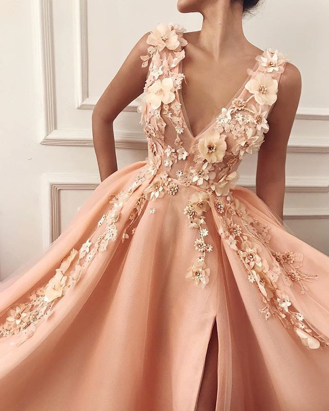 A-line V-neck Sleeveless Sweep / Brush Train Prom Dress With Split Front 2