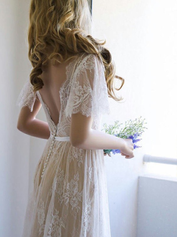 A-line V-neck Short Sleeves Sweep / Brush Train Bridal Dress With Lace 4