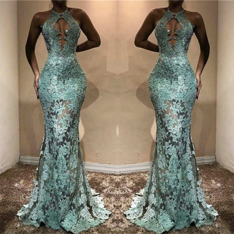 Mermaid Halter-neck Sleeveless Sweep / Brush Train Formal Dress With Lace 2