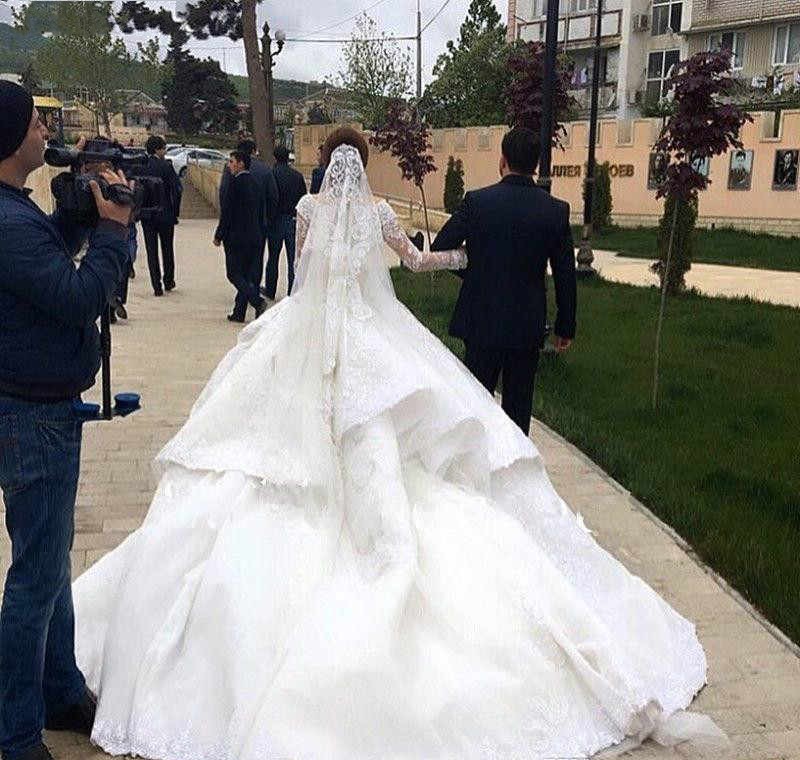 A-line Off-the-shoulder Long Sleeves Cathedral Train Lace Wedding Gown With Crystal 3