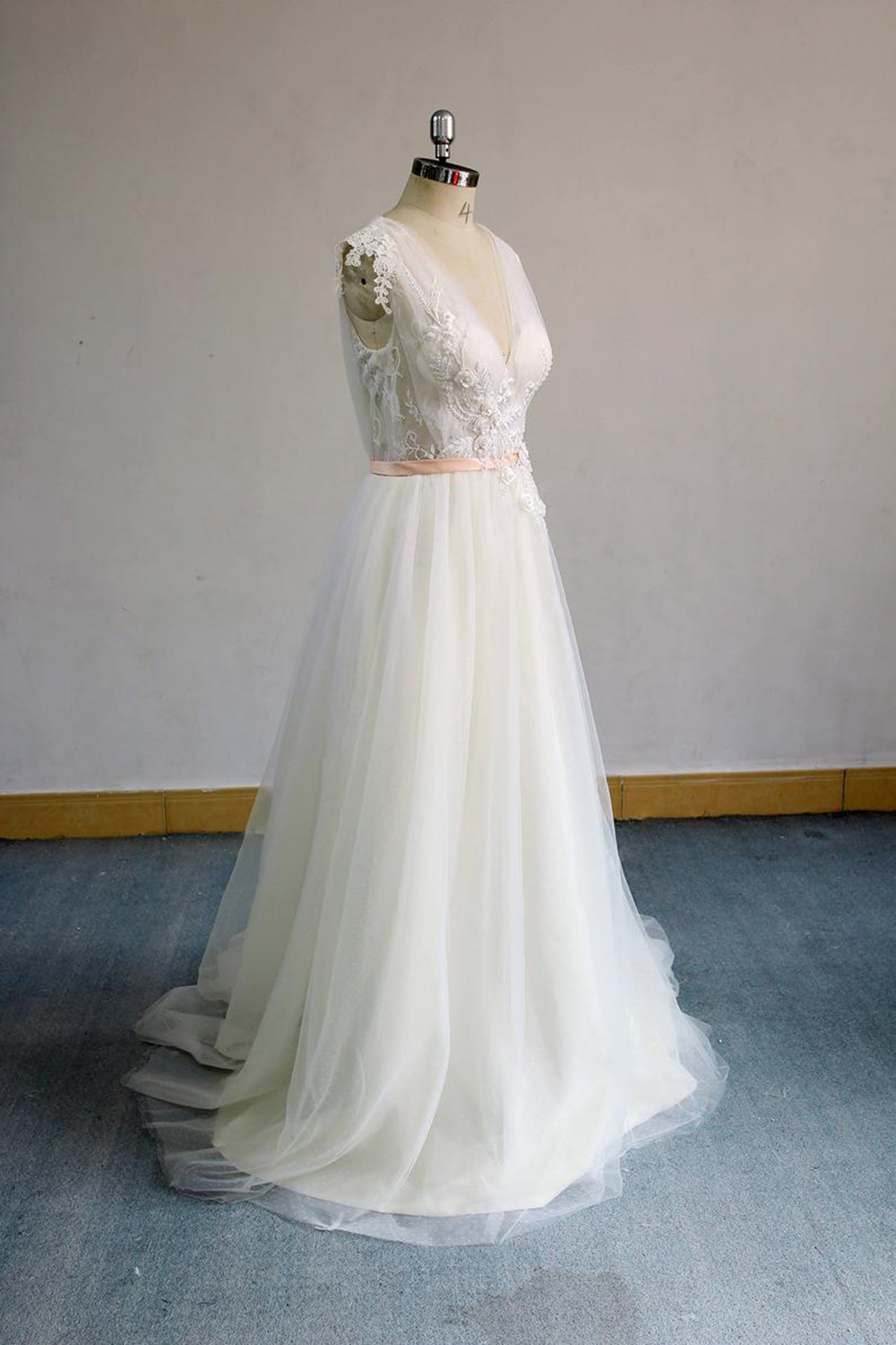 A-line V-neck Sleeveless Floor-length Tulle Bridal Attire With Ribbons 3