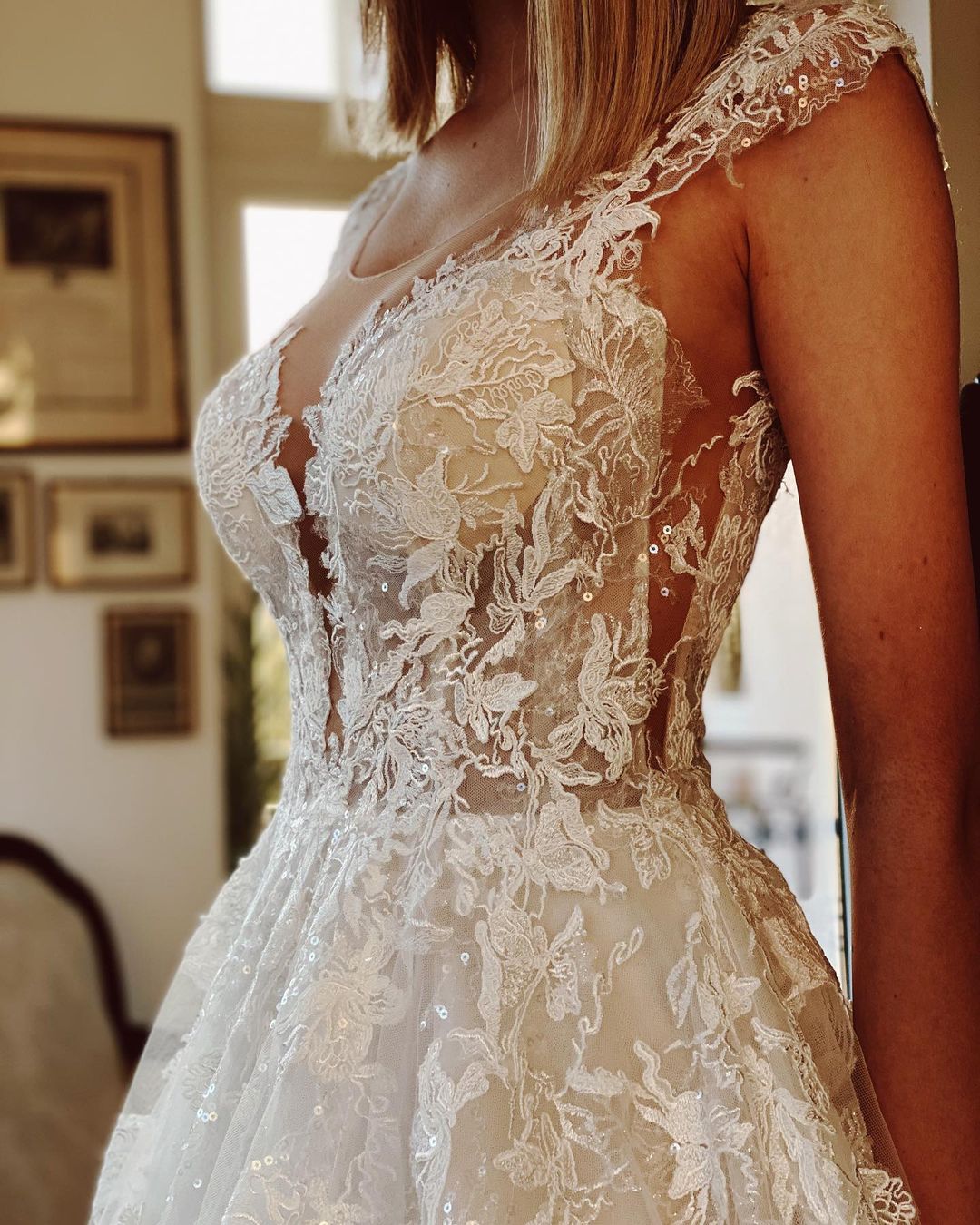 A-line Jewel Neck Sleeveless Court Train Lace Bridal Gown With Pearls 5