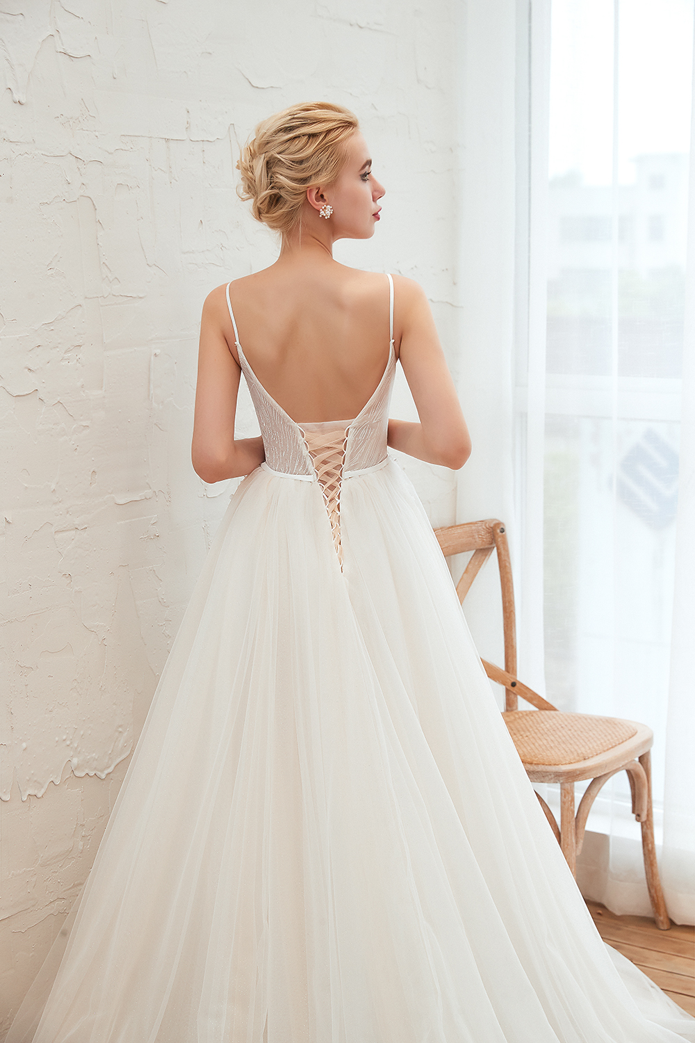 A-line Plunging Neckline Sleeveless Cathedral Train Tulle Wedding Gown With Flower(s) 16