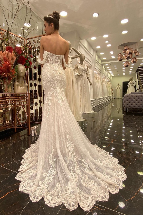 Mermaid Off-the-shoulder Sleeveless Chapel Train Lace Bridal Gown With Pattern 2