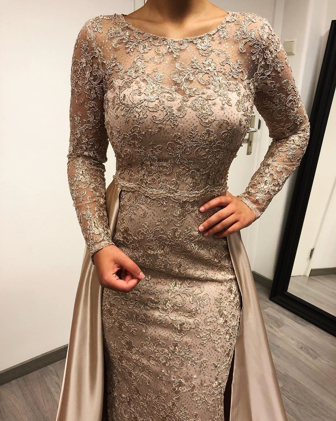 Charming Beadings Mermaid Prom Dress with Long Sleeves and Satin Detachable Train -  and 3