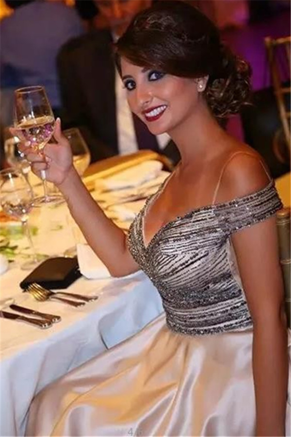 A-line Off-the-shoulder Sweep / Brush Train Stretch Satin Formal Dress With Beading 3