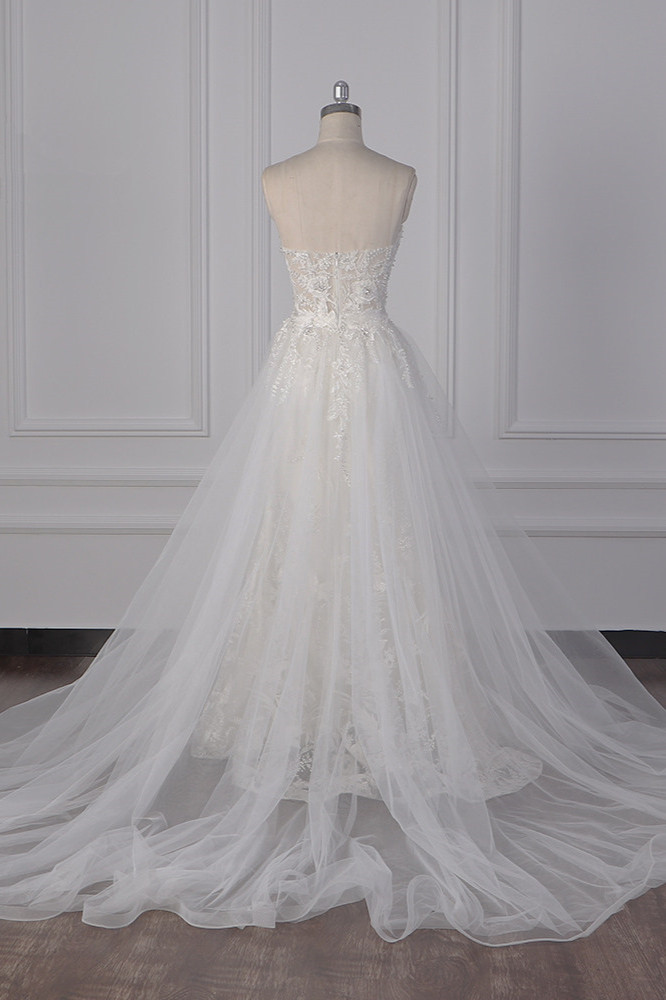 A-line Strapless Sweetheart Neck Sleeveless Floor-length Tulle Wedding Gown With Lace 2
