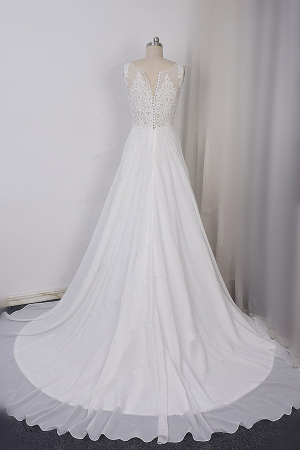 A-line V-neck Sleeveless Floor-length 100D Chiffon Bridal Dress With Lace 2