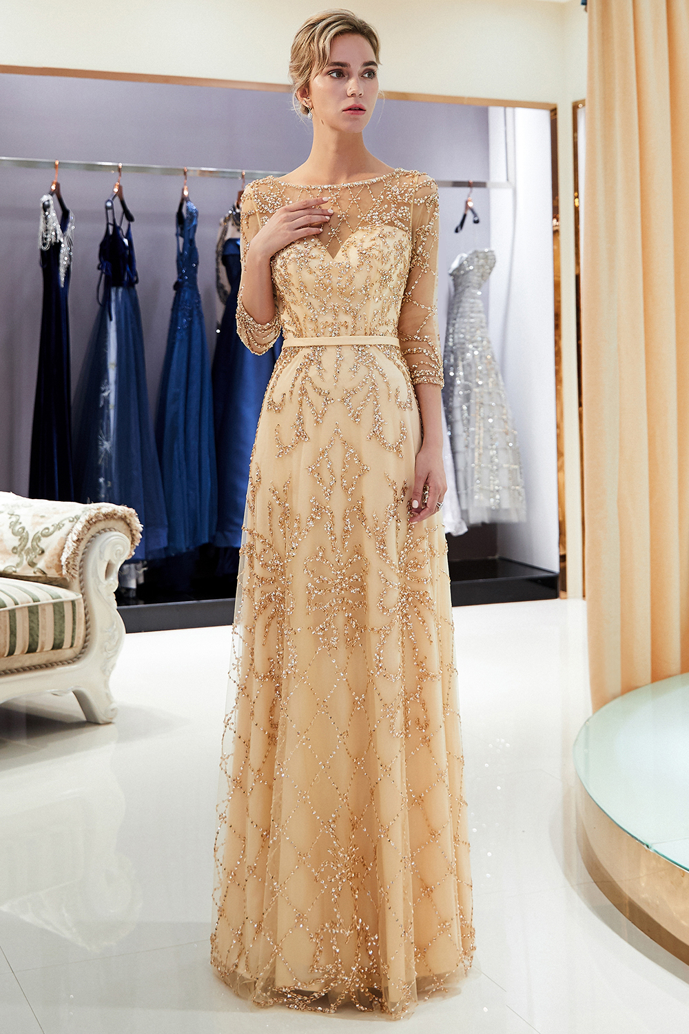 A-line Scoop Neck 3/4-Length Sleeves Sweep / Brush Train Tulle Evening Dress With Crystal 24
