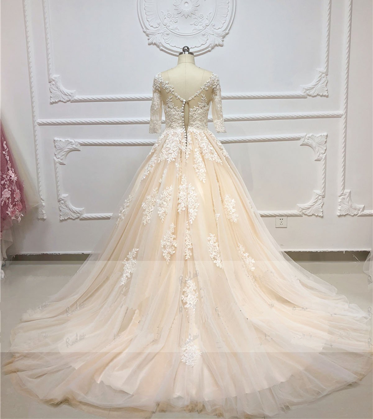 A-line Jewel Neck Half-Sleeves Floor-length Tulle Wedding Dress With Lace 2
