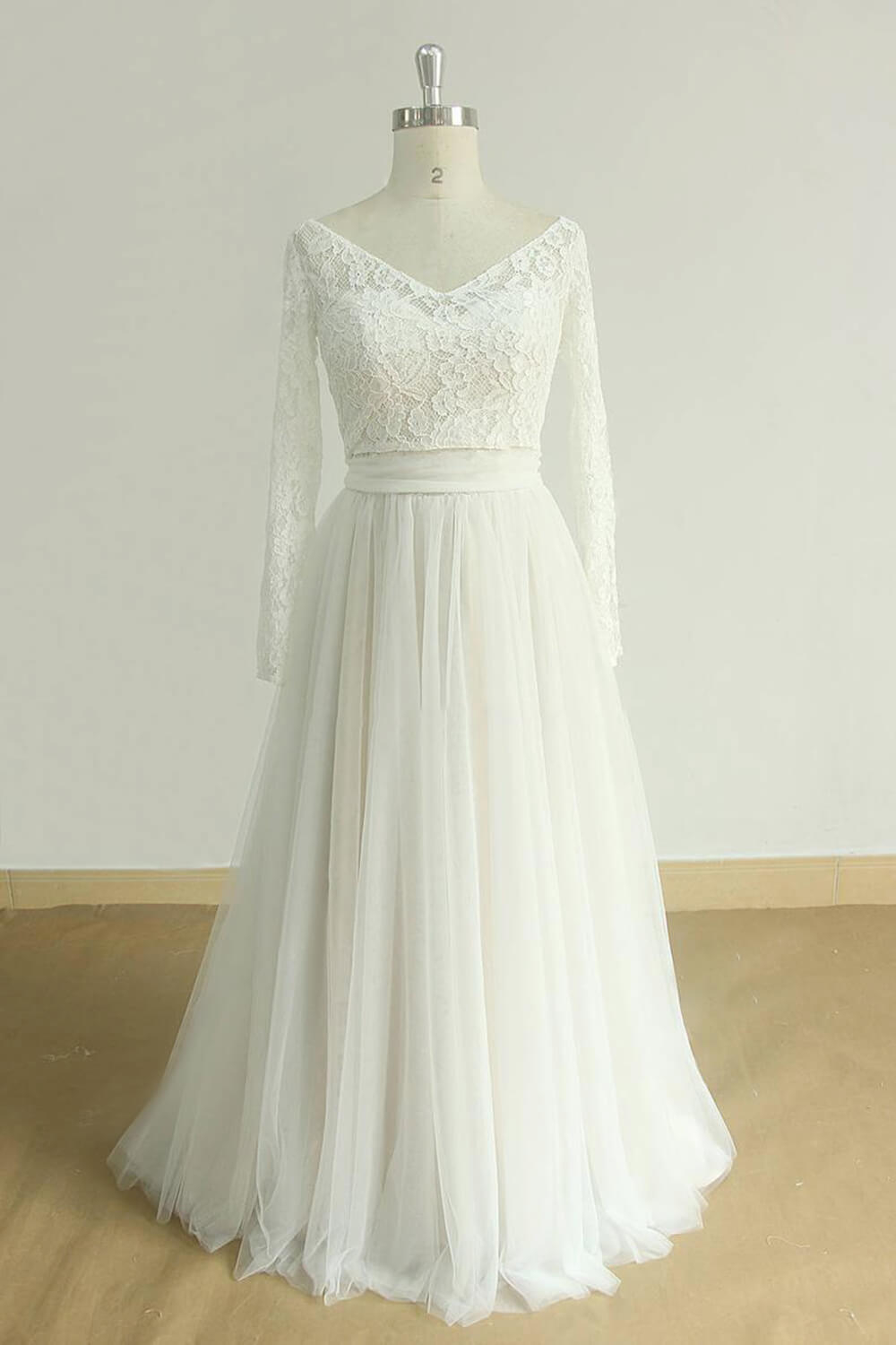 A-line Strapless V-neck Long Sleeves Floor-length Tulle Bridal Dress With Lace 4