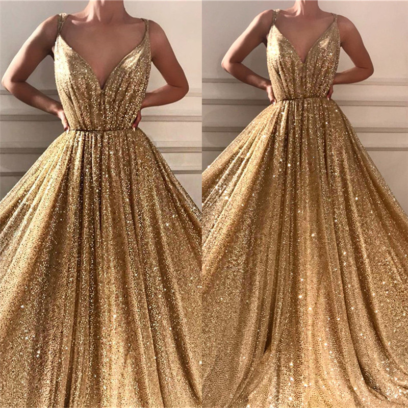 A-line Straps V-neck Sleeveless Floor-length Formal Dress With Sequins 3