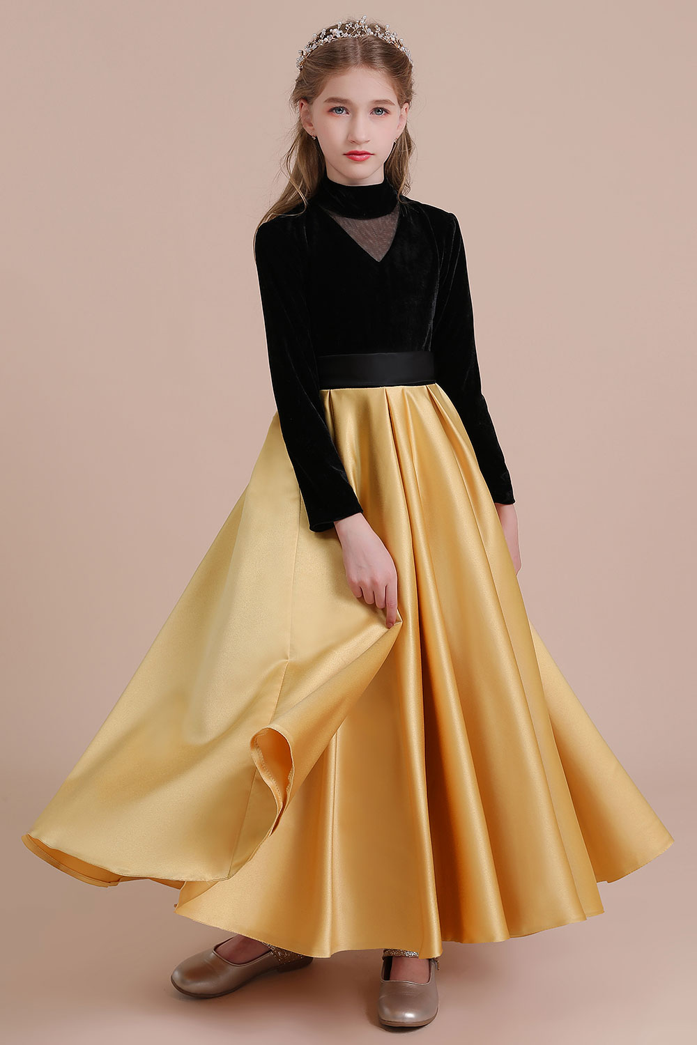 A-line High Neck Long Sleeves Ankle-length Satin Flower Girl Dress With Ribbons 4