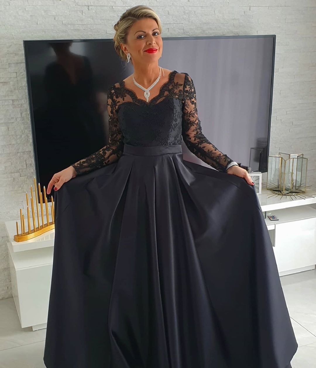 Black V-neck Satin Lace Evening Dress with Long Sleeves -  and 2