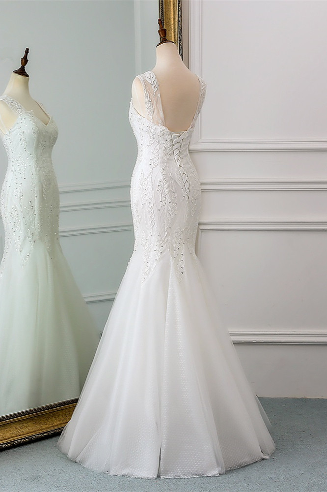 Mermaid V-neck Sleeveless Floor-length Tulle Wedding Gown With Beading 4