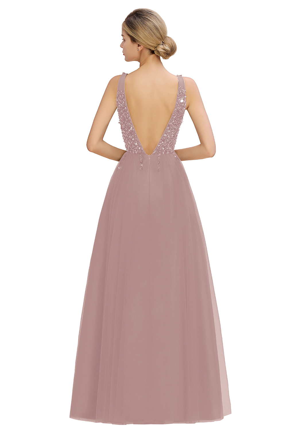 A-line V-neck Sleeveless Floor-length Tulle Evening Gown With Beading 12