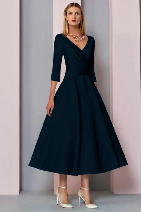 Plus Size Tea Length Mother of the Bride Dress with 3/4 Length Sleeve 2