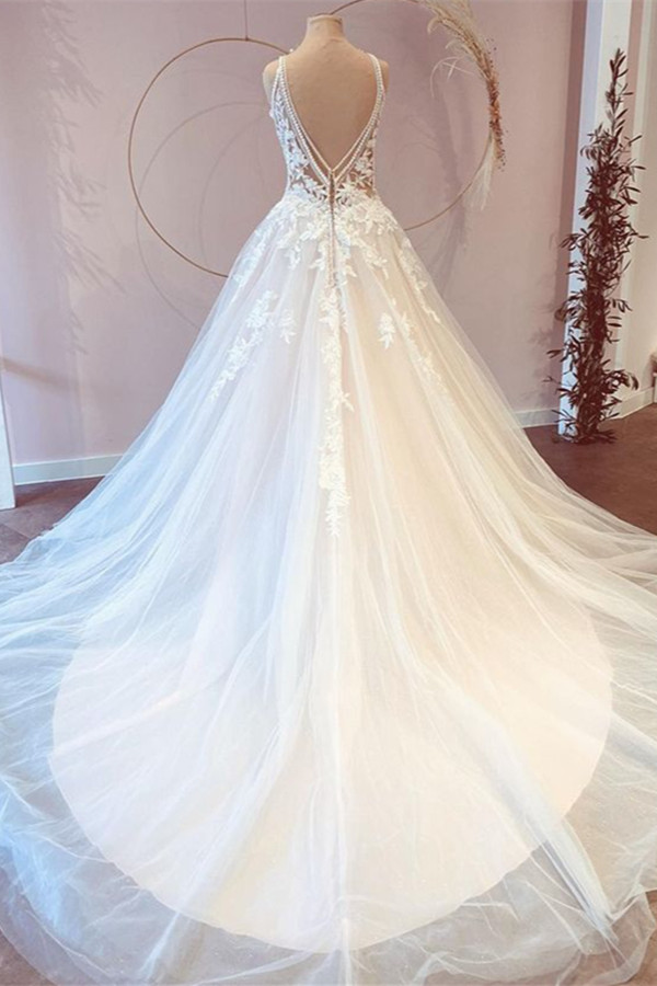 A-line V-neck Sleeveless Court Train Tulle Bridal Gown With Lace 2