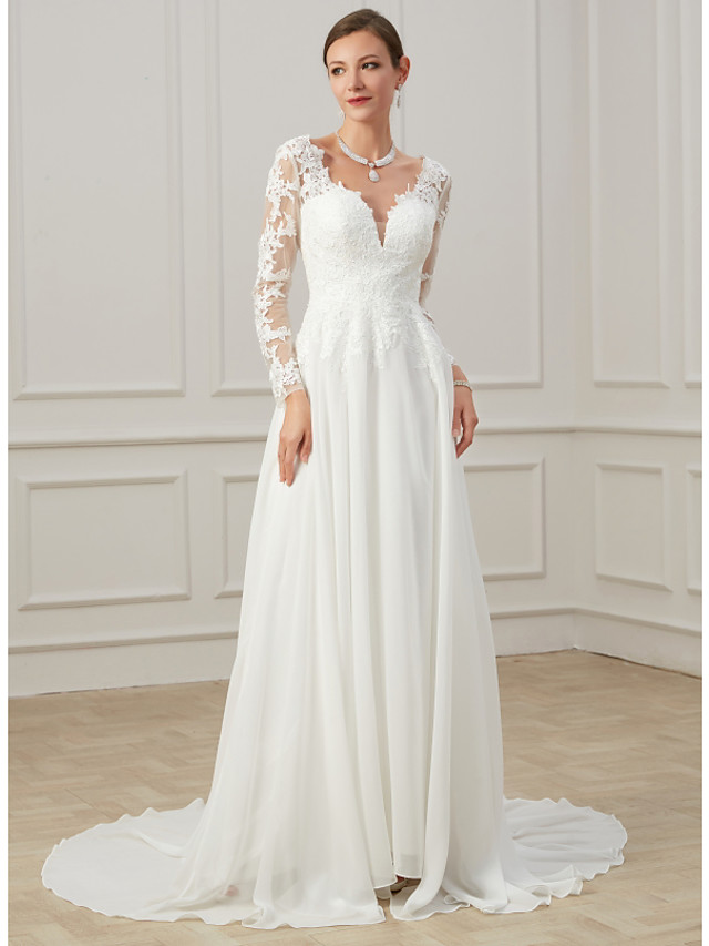 Column V-neck Long Sleeves Sweep / Brush Train Lace Bridal Gown With Lace 2