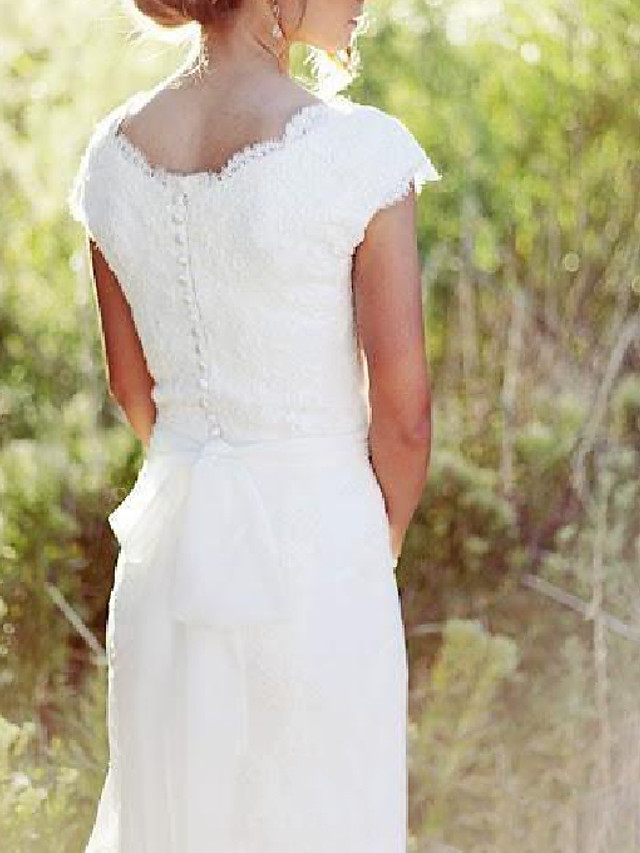 A-line V-neck Cap Sleeves Sweep / Brush Train Tulle Wedding Gown With Lace 2