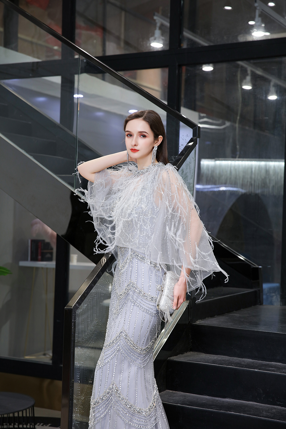 Mermaid V-neck Sleeveless Court Train Tulle Evening Gown With Feathers 9