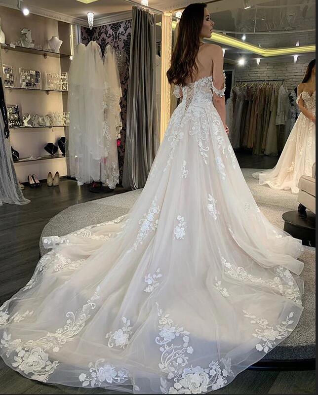 A-line Off-the-shoulder Sleeveless Floor-length Tulle Bridal Dress With Ruffles 2