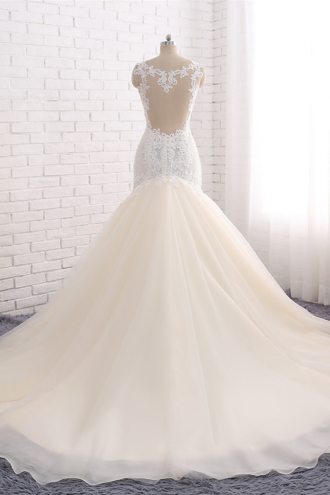 Mermaid Straps Sleeveless Court Train Tulle Wedding Gown With Appliques 2