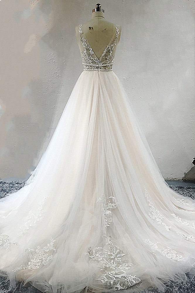 A-line Plunging Neckline Sleeveless Floor-length Tulle Wedding Dress With Lace 2