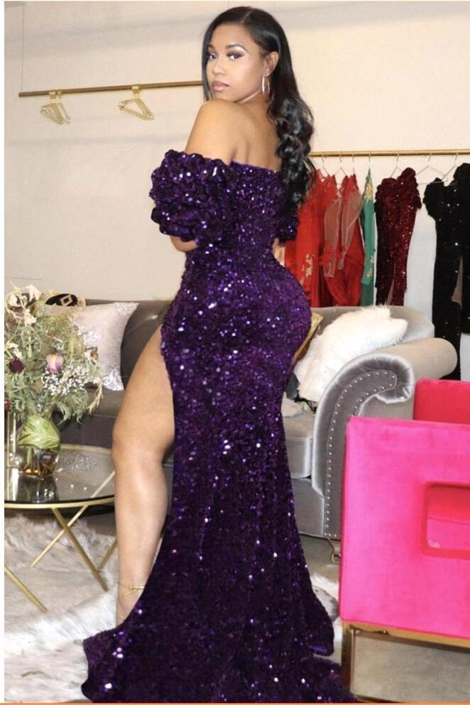 Column Off-the-shoulder V-neck Cap Sleeves Floor-length Spandex Evening Gown With Sequins 2