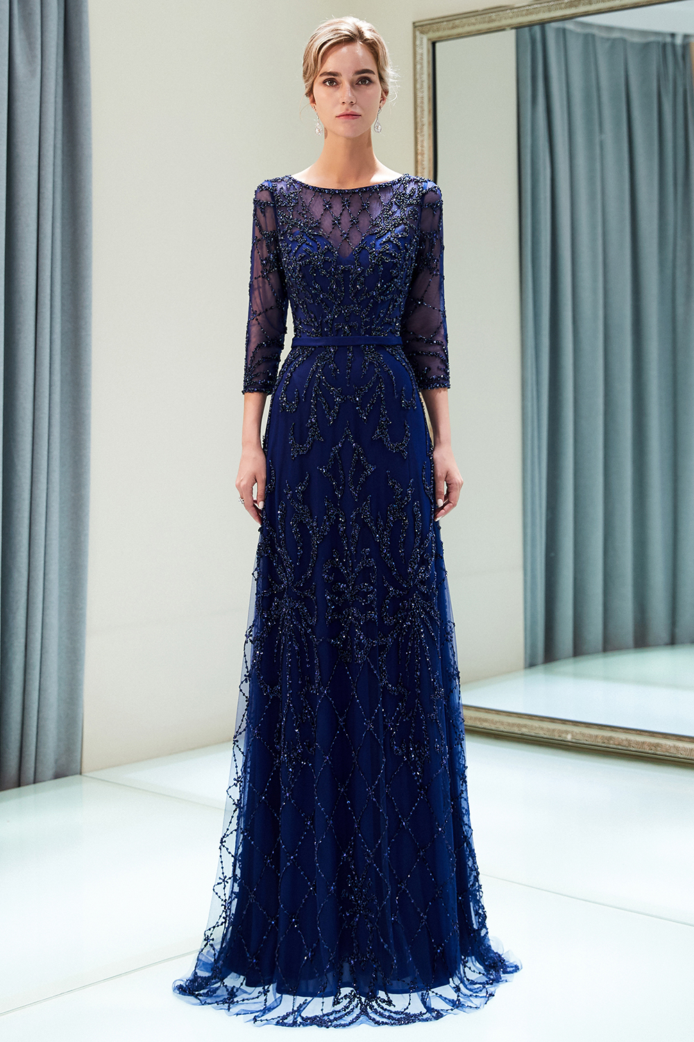 A-line Scoop Neck 3/4-Length Sleeves Sweep / Brush Train Tulle Evening Dress With Crystal 15