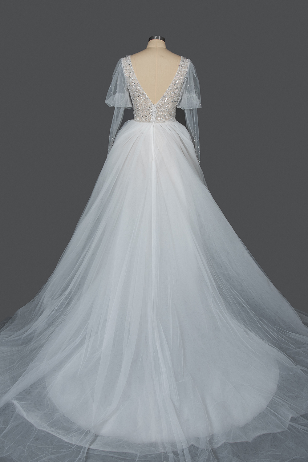 A-line V-neck Long Sleeves Cathedral Train Tulle Wedding Gown With Lace 4