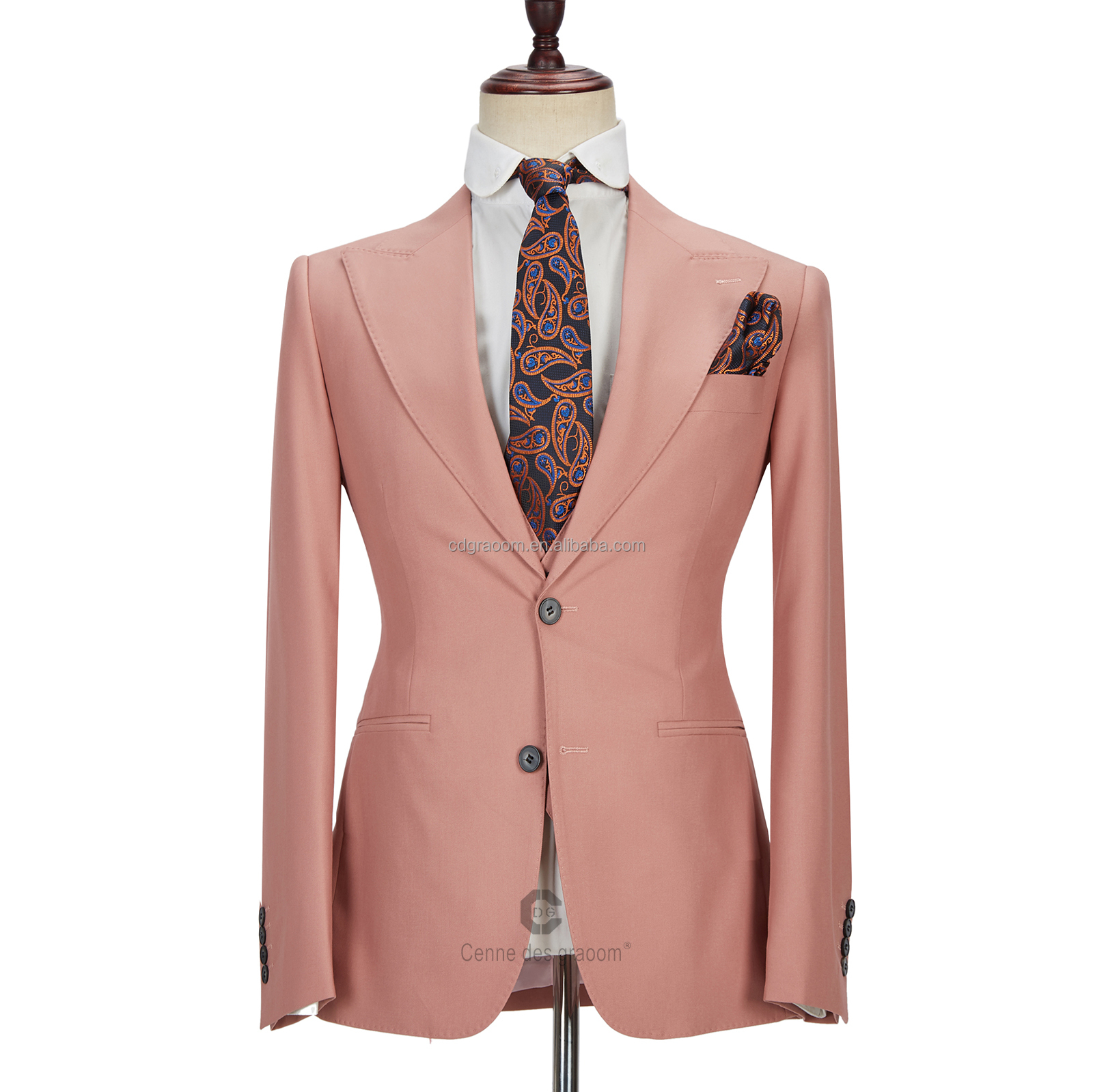 Coral Pink 3 Piece Men's Suit with Two Buttons and Peak Lapel 4