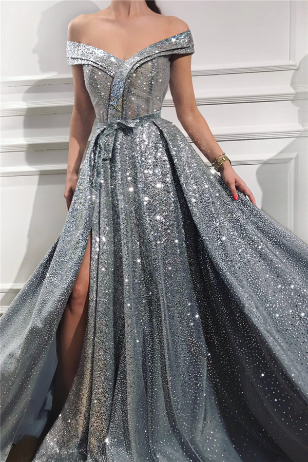 A-line Off-the-shoulder Sweetheart Neck Sleeveless Floor-length Prom Dress With Sequins 1