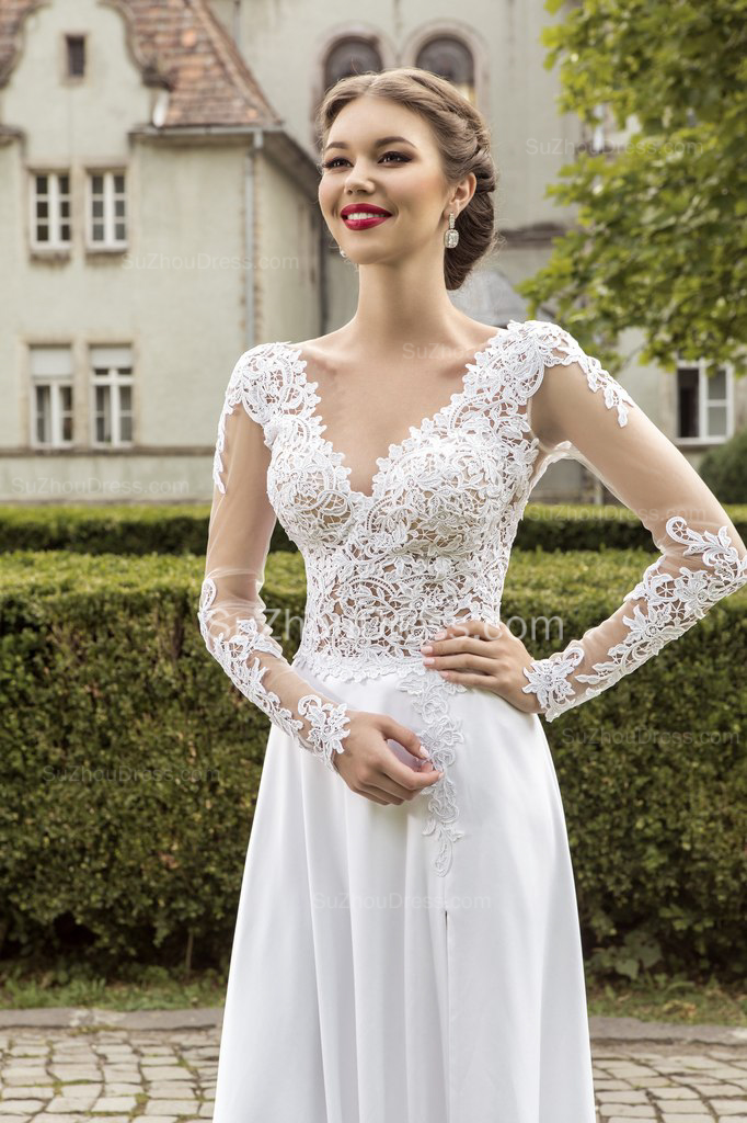 Column V-neck Sweep / Brush Train 100D Chiffon Bridal Gown With Lace 2